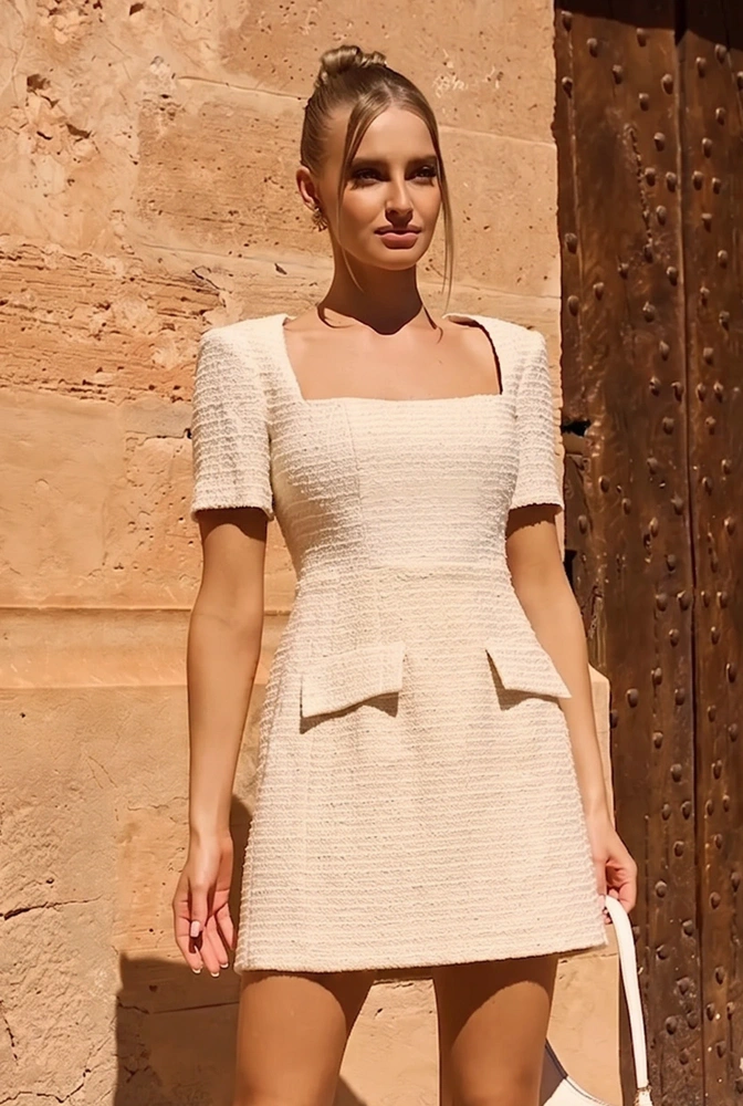 Sloane Beige - mini šaty s vycpávkami na ramenou