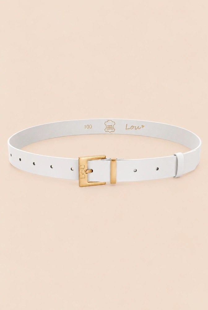 Opasek Charo - Elegantní bílý kožený opasek se zlatou sponou a logem Lou