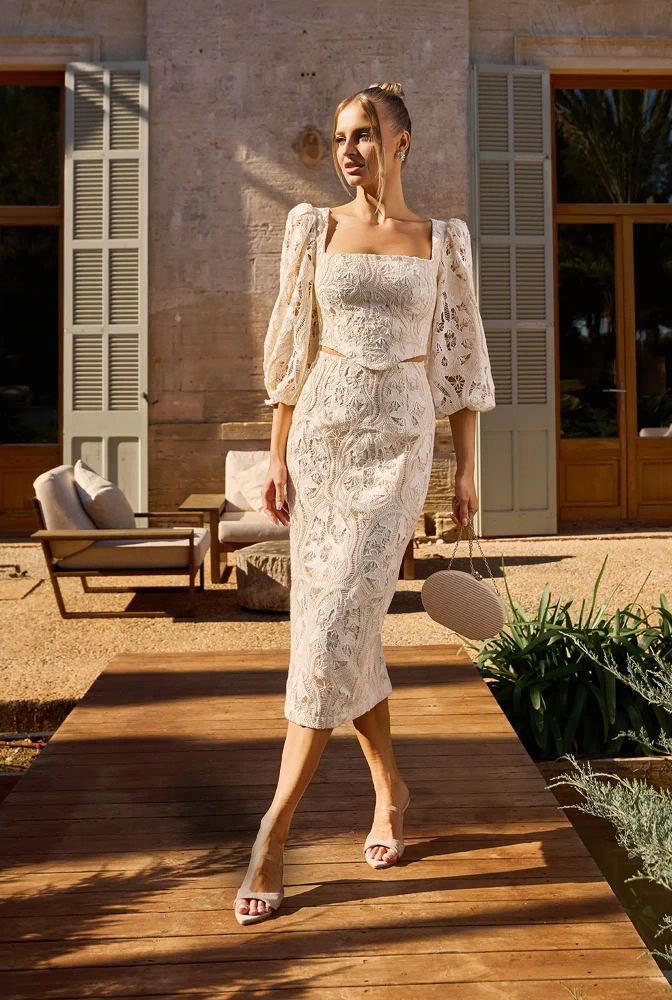 Manola - krémové bavlněné prolamované midi šaty