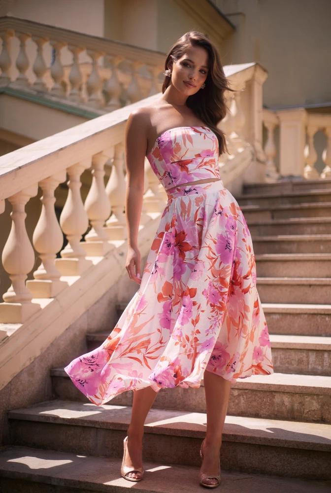 Donatella - Souprava sukně + podprsenka s korzetovým výstřihem s květinovým vzorem